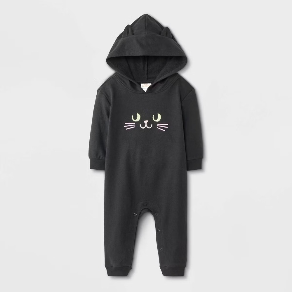 Cat & Jack SZ 18 Months‎ Baby Black Cat Hooded Romper Halloween Costume NWT Cozy